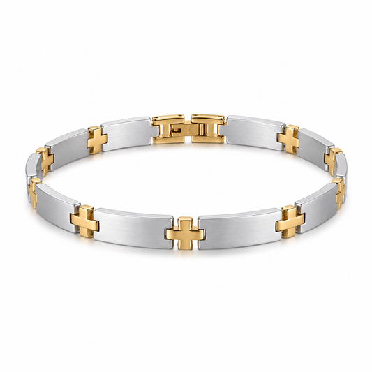 A two-tone metal bracelet with brushed silver rectangular links and gold cross-shaped connectors, shown on a plain white background.