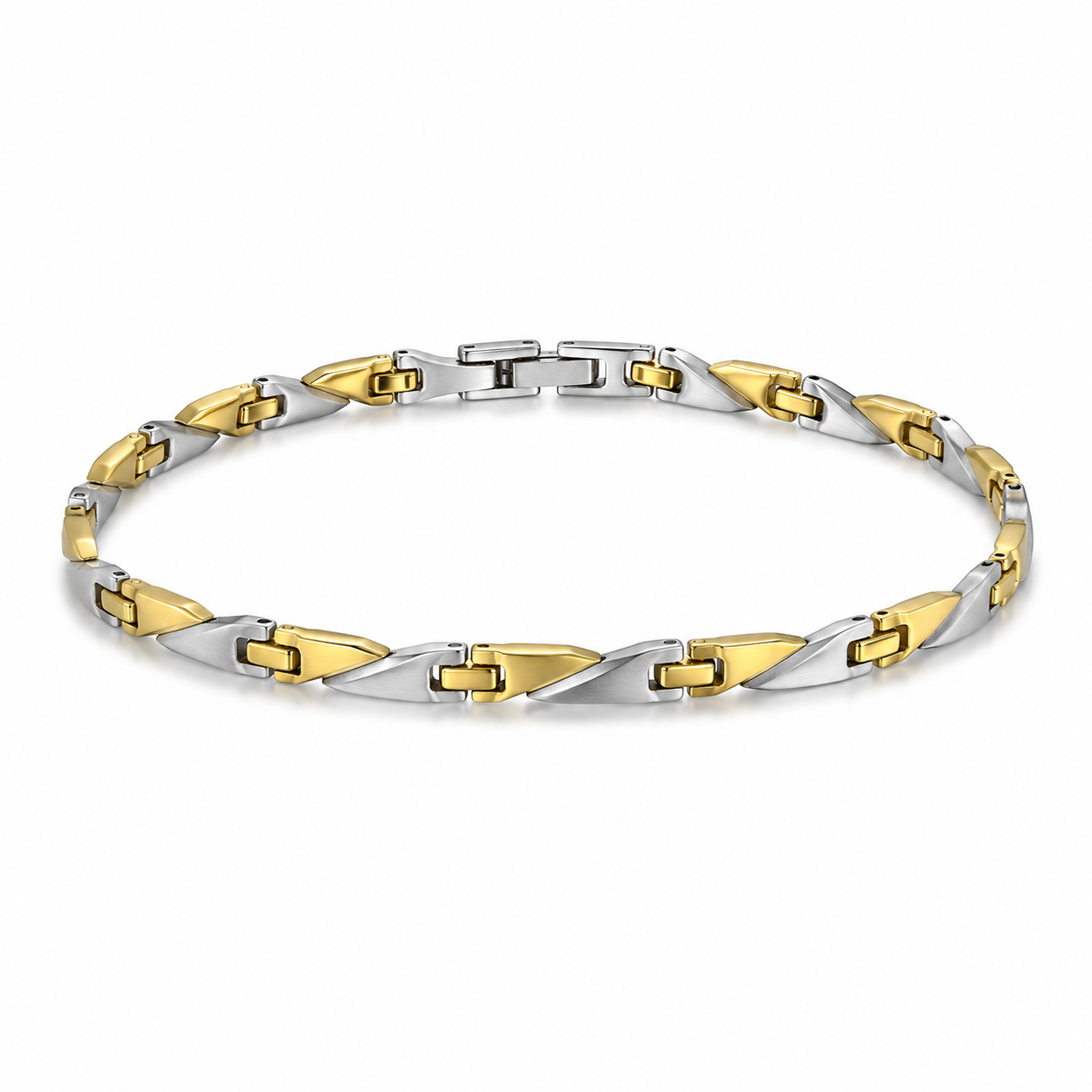 A two-tone metal link bracelet with alternating silver and gold-colored links, displayed on a clean white background.