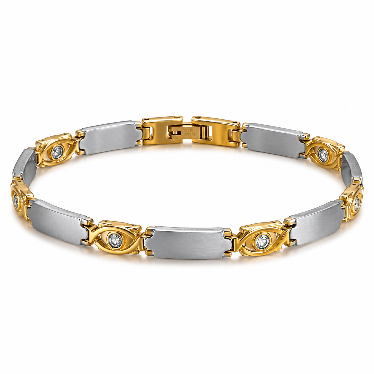 A two-tone magnetic link bracelet featuring silver-toned rectangular plates and gold-toned oval links with clear round gemstones, displayed on a clean white background.