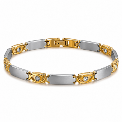 A two-tone magnetic link bracelet featuring silver-toned rectangular plates and gold-toned oval links with clear round gemstones, displayed on a clean white background.