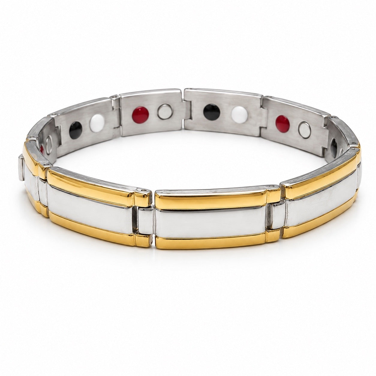 A two-tone metal link bracelet with silver and gold bands, featuring small circular inset accents in black, white, and red on the inner side, shown on a plain white background.