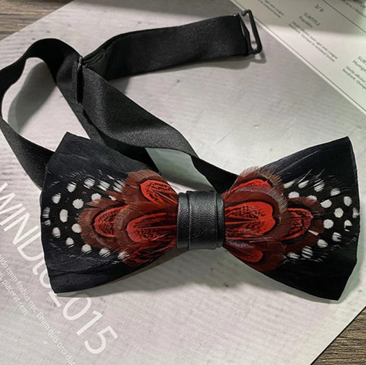 Black  Feather Bow Tie for Men, Boho Rustic Wedding Bow Tie with Natural Feathers for Groom Groomsmen, Pre Tied Solid Bowtie