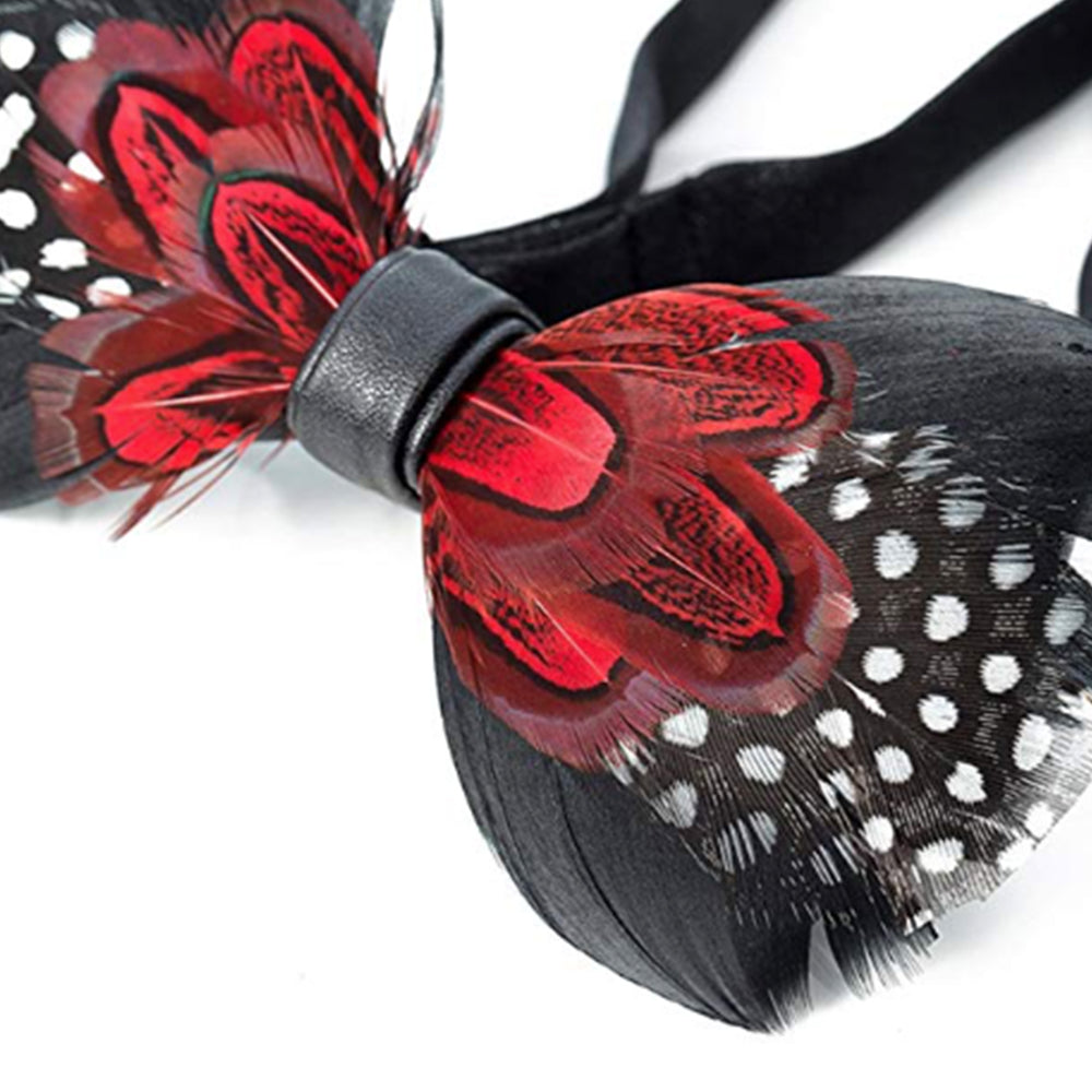 Black  Feather Bow Tie for Men, Boho Rustic Wedding Bow Tie with Natural Feathers for Groom Groomsmen, Pre Tied Solid Bowtie