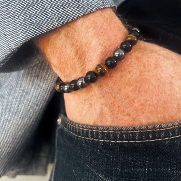 Close-up of a person wearing a beaded bracelet on their wrist.