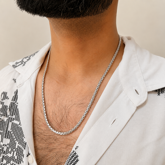A close-up of a man's neck and chest wearing a silver chain necklace over a white patterned button-up shirt.