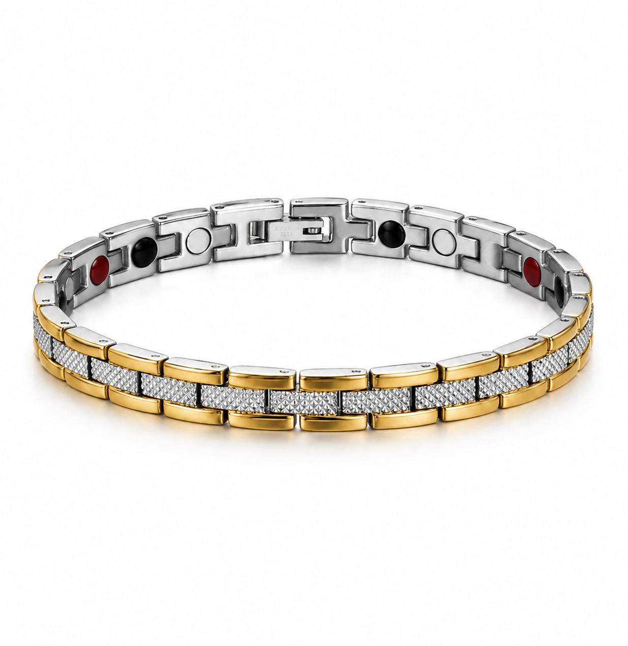 A two-tone magnetic therapy link bracelet featuring gold and silver metal links, with some links inlaid with small clear rhinestones. The inside of the bracelet has red, black, and silver circular magnets.