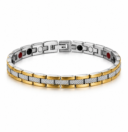 A two-tone magnetic therapy link bracelet featuring gold and silver metal links, with some links inlaid with small clear rhinestones. The inside of the bracelet has red, black, and silver circular magnets.