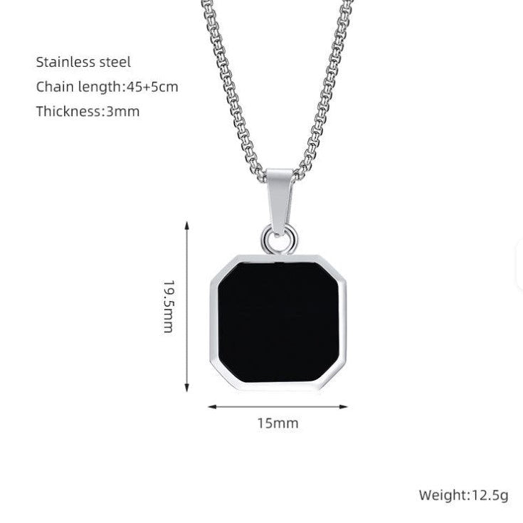 Stainless steel necklace with a black pendant, showing dimensions and weight on a white background.