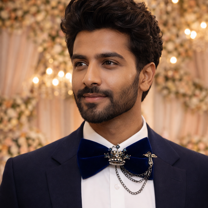 Man in formal attire with a bow tie and decorative background