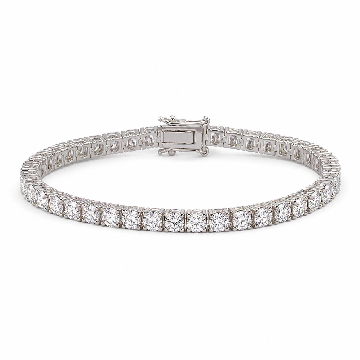 A diamond tennis bracelet in a silver-colored metal setting, shown on a plain white background.