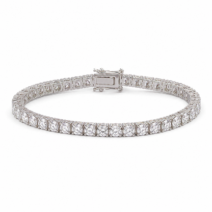 A diamond tennis bracelet in a silver-colored metal setting, shown on a plain white background.