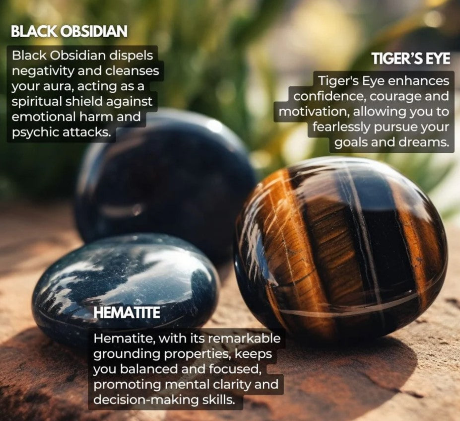 Three stones labeled Black Obsidian, Tiger's Eye, and Hematite on a wooden surface with descriptive text.