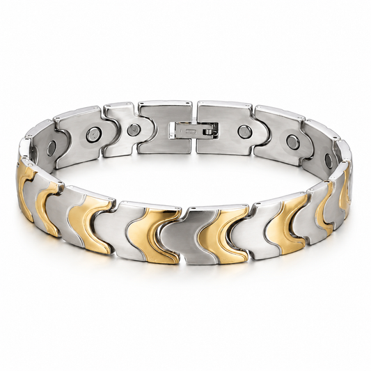 A two-tone stainless steel magnetic bracelet with alternating silver and gold wavy links, shown on a clean white background.
