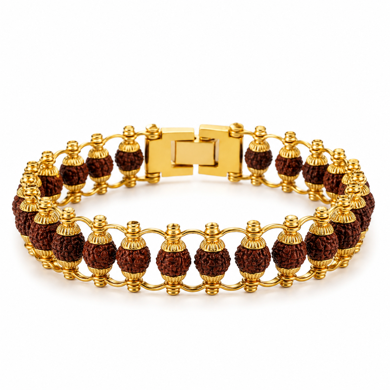 A gold-plated bracelet featuring dark brown rudraksha beads, displayed on a clean white background.