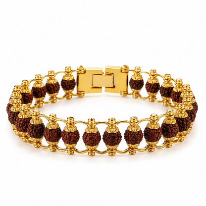 A gold-plated bracelet featuring dark brown rudraksha beads, displayed on a clean white background.